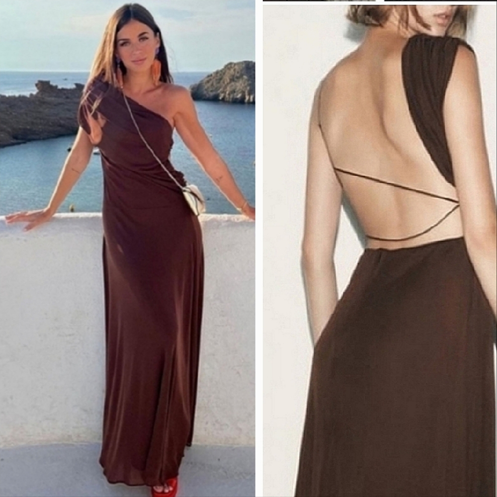 Zara * Maxi Dress Gown Brown Size M - Picture 3 of 12